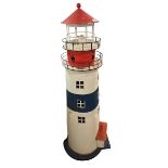 A LARGE DECORATIVE PAINTED METAL LAMP IN THE FORM OF A LIGHTHOUSE. (h 120cm)