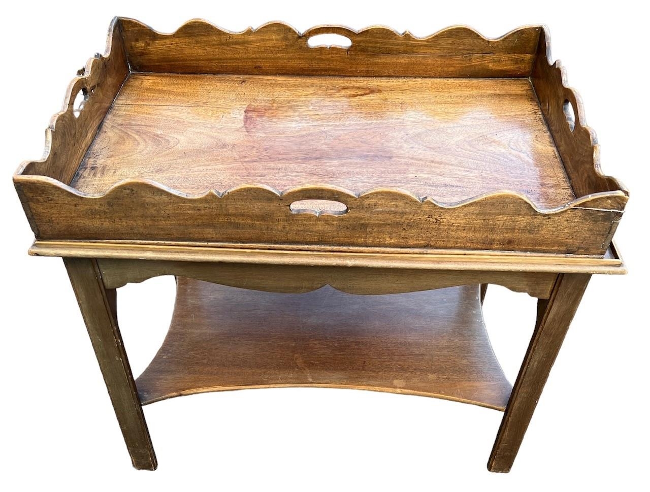A 19TH CENTURY MAHOGANY BUTLER’S TRAY ON STAND Having shaped sides and pierced handles, raised on - Image 4 of 5