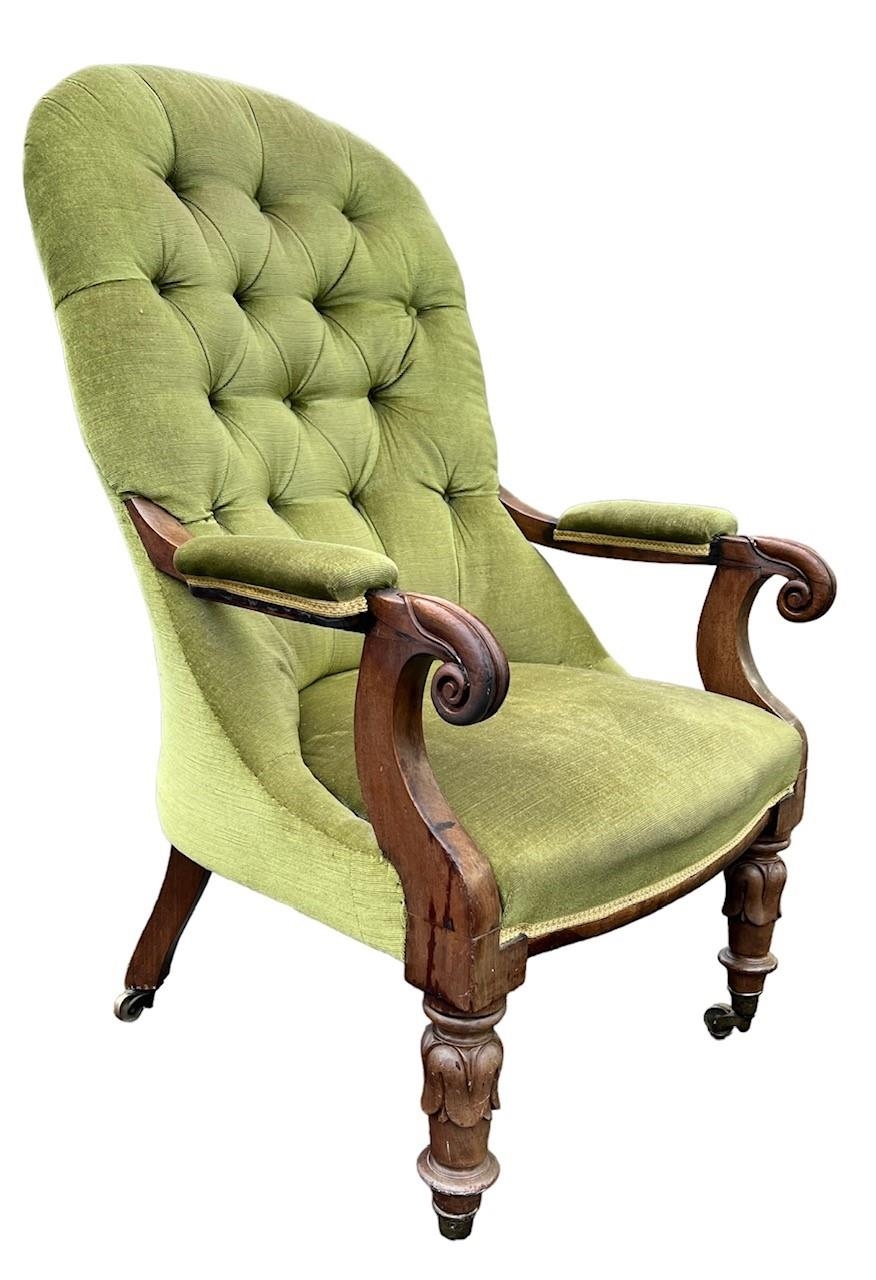 A 19TH CENTURY WILLIAM IV MAHOGANY UPHOLSTERED OPEN ARMCHAIR The button back above scrolling arms, - Image 2 of 3