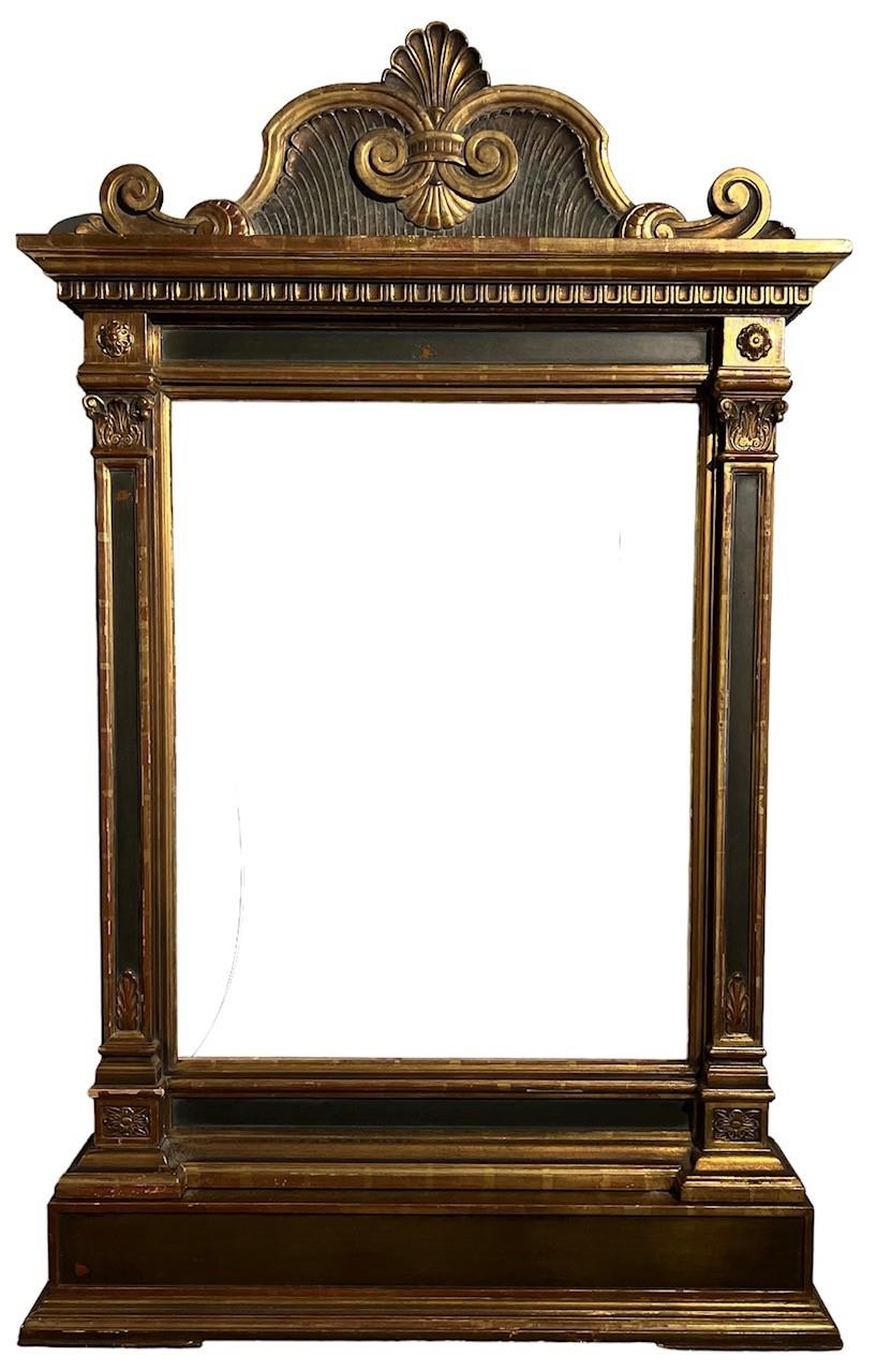 A LARGE AND IMPRESSIVE DECORATIVE ITALIAN RENAISSANCE DESIGN PAINTED AND CARVED GILTWOOD FRAME.