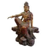 A LARGE 19TH CENTURY OR EARLIER CHINESE CARVED WOOD POLYCHROME STATUE OF GUANYIN, OF THE SOUTHERN