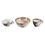 THREE 19TH CENTURY CANTONESE BOWL AND TWO CUPS Decorated with figural interior scenes, birds and