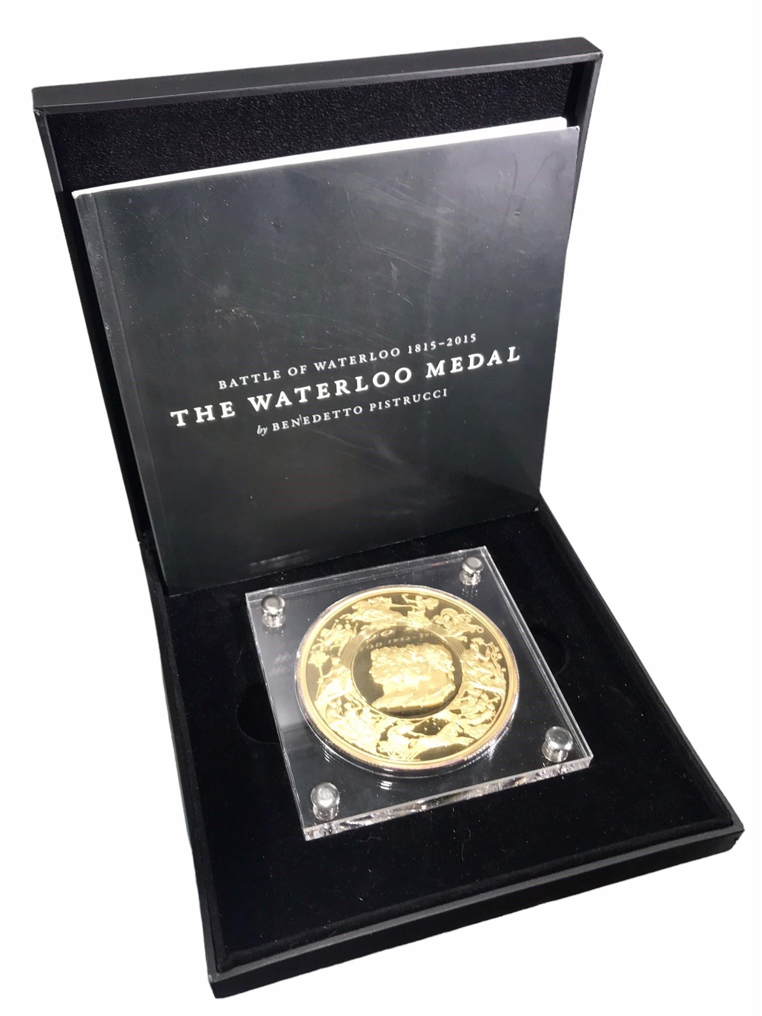 BENEDETTO PISTRUCCI, A LARGE LIMITED EDITION GOLD PLATED BRONZE 2015 THE WATERLOO MEDAL, ENCASED