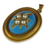 A VICTORIAN ETRUSCAN REVIVAL YELLOW METAL, DIAMOND, PEARL AND ENAMEL OVAL PENDANT (TESTED AS 18CT)