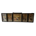 A 19TH CENTURY EBONISED AND GILT FIVE PANEL FOLDING ICON Set with a coloured narrative Medieval
