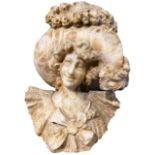 A LATE 19TH CENTURY CARVED ALABASTER BUST, A CLASSICAL LADY IN A FEATHERED HAT. (h 46.5cm x w 33cm x