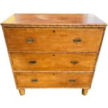 A 19TH CENTURY PINE FAUX BAMBOO CHEST OF THREE LONG DRAWERS. (h 108cm x d 52cm x w 108.5cm)
