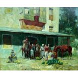 FOLLOWER OF ALBERTO PASINI, OIL ON CANVAS Arab street scene, with market traders and figures on