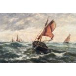 JOHN ROSE MILES, BRITISH, 1844 - 1916, 19TH CENTURY OIL ON CANVAS Seascape, fishing boat in rough