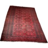 A LARGE BOKHARA CARPET/RUG On a red ground with stylised patterns. (217cm x 327cm)