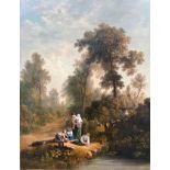 A 19TH CENTURY BRITISH SCHOOL OIL ON CANVAS Landscape, children fishing, unframed. (46cm x 58.5cm)