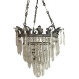 A 19TH CENTURY BRONZE CRYSTAL GLASS PENDANT CHANDELIER. (drop 58cm x diameter 28cm)