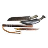FINNISH PUUKKO KNIFE Together with a Nepalese kukri knife, truncheon and horn handled knife.