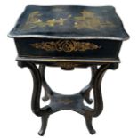 A 19TH CENTURY CHINESE CHINOISERIE BLACK LACQUERED PAPIER-MACHÉ WORK TABLE The hinged lid opening to