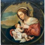 A 19TH CENTURY OIL ON CANVAS, NURSING MADONNA IN A LANDSCAPE Gilt framed and glazed. (25cm x 27cm,