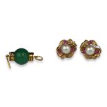 A PAIR OF 14CT GOLD, PEARL AND PINK TOPAZ CLIP ON EARRINGS Together with a Chinese 14ct gold and