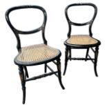 A PAIR OF 19TH CENTURY VICTORIAN BLACK LACQUERED AND MOTHER OF PEARL INLAID SIDE CHAIRS With cane