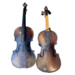TWO 19TH CENTURY VIOLINS. (length 59cm) Condition: in need of restoration