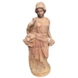 A LARGE CAST IRON SCULPTURE OF AN ELEGANT LADY REPRESENTING AUTUMN HOLDING GRAPES. (h 145cm x w