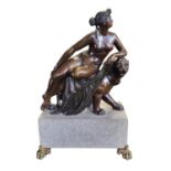 ARIADNE ON THE PANTHER, A 19TH CENTURY BRONZE STATUE On a grey marble plinth with lion paw feet. (