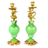 A PAIR OF HIGHLY DECORATIVE 19TH CENTURY TWIN HANDLED PORCELAIN AND ORMOLU MOUNTED TWIN BRANCH