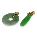 A 14CT GOLD AND GREEN JADE CARVED PENDANT Together with a yellow metal and jade disc pendant (