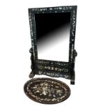 TWO 19TH CENTURY CHINESE HARDWOOD AND MOTHER OF PEARL MIRROR AND TRAY. (h 60cm x w 39.5cm)