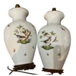 HEREND, A PAIR OF PORCELAIN LAMP VASES Depicting various birds and insects amongst flora. (h 41cm