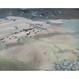 FRANCES WALKER, R.S.A., SCOTTISH, B. 1930, A LARGE OIL ON CANVAS Seascape, titled ‘Sand, Stones