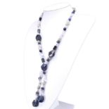 A VINTAGE LAPIS LAZULI, BLUE AGATE TASSEL AND HEMATITE NECKLACE. (length 38cm)