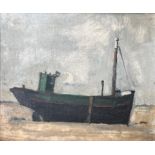 MANNER OF LAWRENCE STEPHEN LOWRY, R.A., BRITISH, 1887 - 1976, OIL ON BOARD Beached ship, inscribed