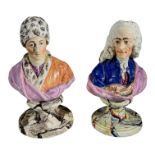 STAFFORDSHIRE, A PAIR OF MID 19TH CENTURY FIGURAL BUSTS OF ‘VOLTAIRE’ AND ‘ROSSEAU’ On marbled