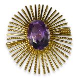 A LARGE 14CT GOLD AND AMETHYST BROOCH HAVING SUNBURST DESIGN. (length 45mm x w 40mm x depth 16mm,