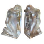 LALIQUE, RENÉ, 1860 - 1945, A PAIR OF GLASS BOOKENDS FORMED AS A KNEELING NUDE FEMALE Signed to base