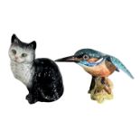 BESWICK, TWO PORCELAIN ANIMAL FIGURES, HUMMINGBIRD AND CAT. (h 12.5cm x w 15.5cm)