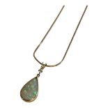 A 9CT GOLD MOUNT OPAL PENDANT ON A DELICATE 9CT GOLD CHAIN. (length 24cm)