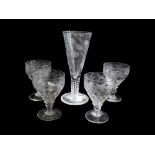 A SET OF FIVE MID VICTORIAN SQUARE FOOTED WINE GOBLETS Heavy glass crystal body, engraved with