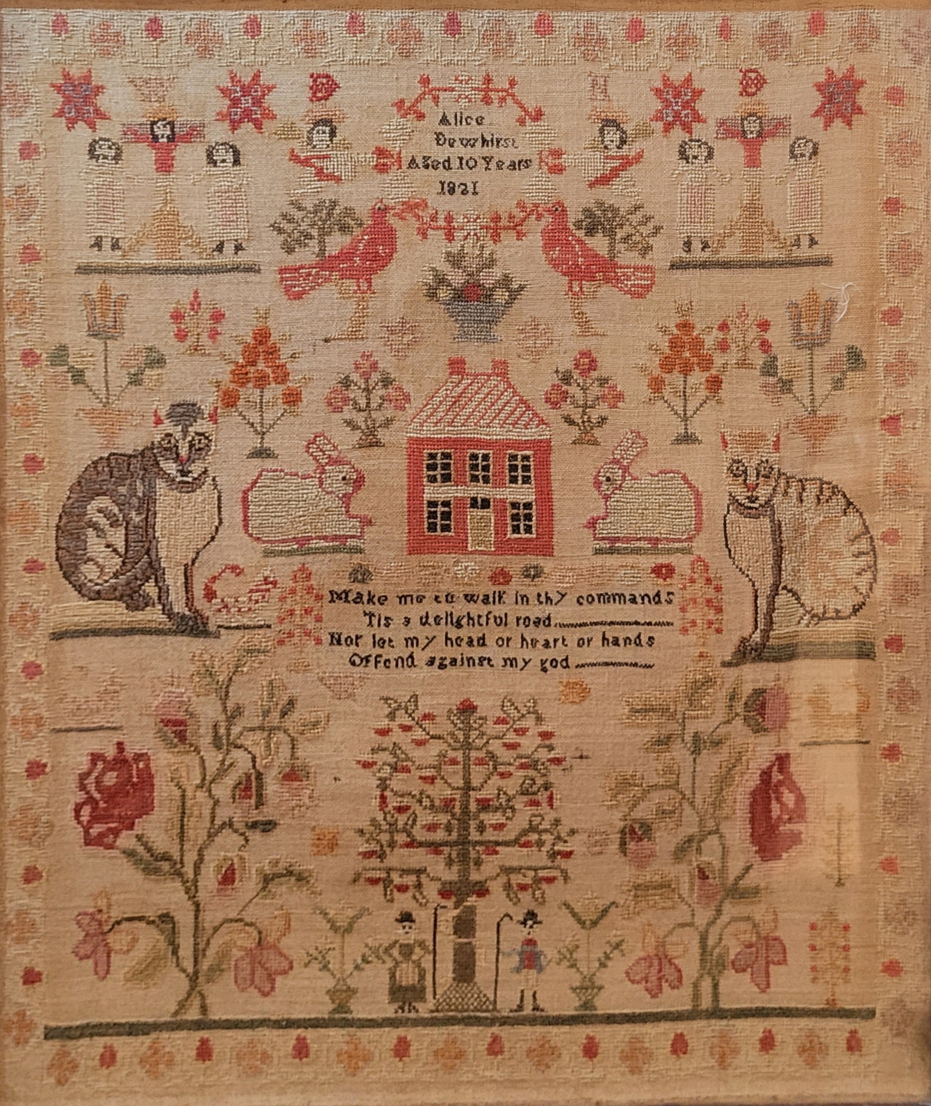 ALICE DEWHURST, AGED 10 YEARS, 1821, A LARGE NEEDLEWORK TAPESTRY SAMPLER large Mahogany framed and