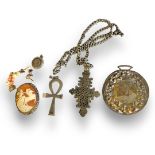 TWO VINTAGE WHITE METAL CIRCULAR PENDANTS With pierced decoration and a celtic design crucifix,
