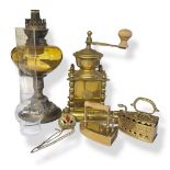 A COLLECTION OF VINTAGE BRASSWARE Comprising a coffee grinder with turned wooden handle, a brass and