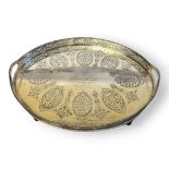 A LARGE VICTORIAN SILVER OVAL GALLERY TRAY With twin handles and pierced gallery, having engraved