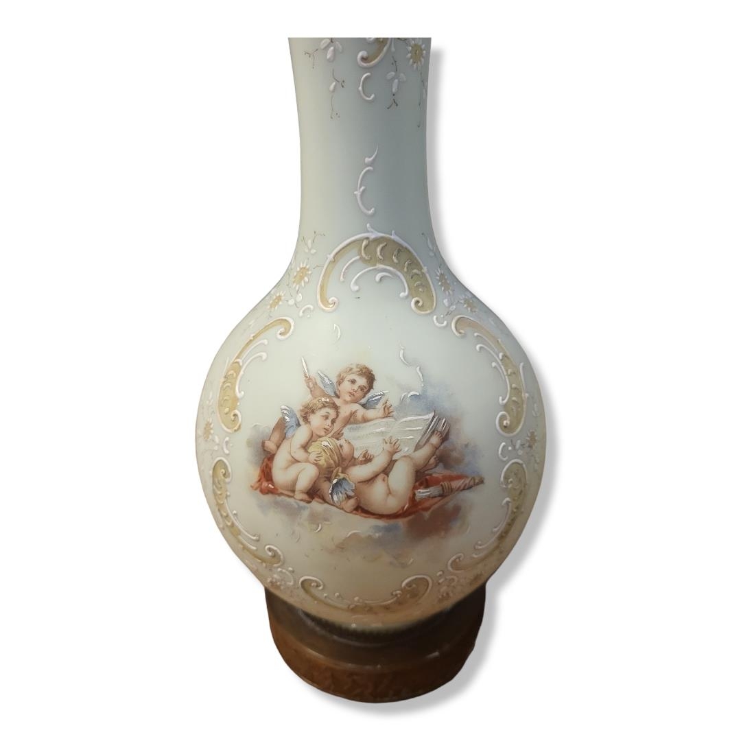 A PAIR OF LATE 19TH CENTURY FRENCH EMPIRE STYLE OPAQUE OPALINE GLASS BALUSTER LAMP BASES Painted - Image 3 of 3