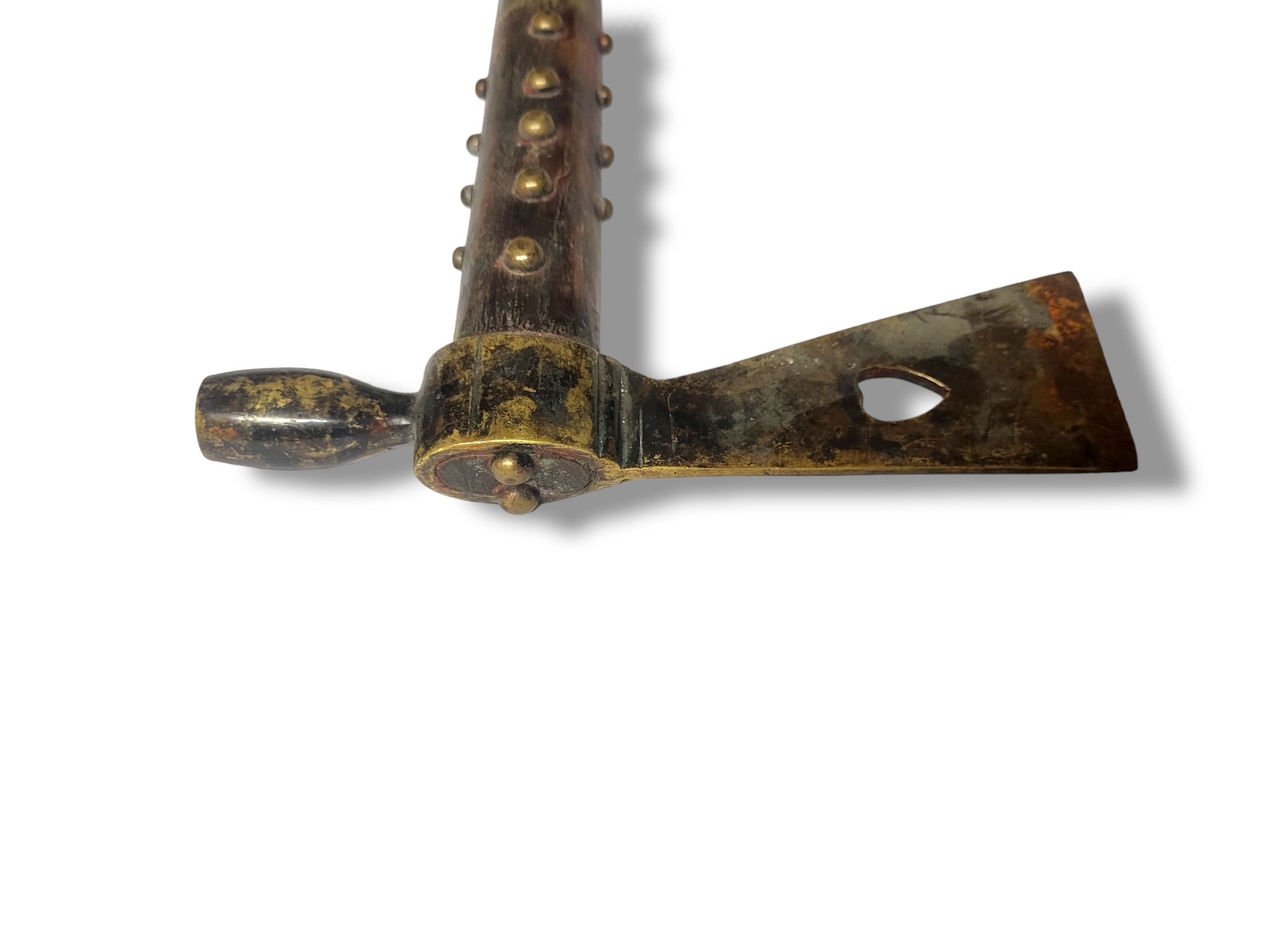 AN ANTIQUE NATIVE AMERICAN INDIAN BRASS AND WOOD TOMAHAWK PEACE PIPE The axe head having a pierced - Image 7 of 8