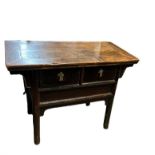 A 19TH CENTURY CHINESE ELM AND PINE ALTAR TABLE With two drawers on chamfered legs. (111cm x 55cm