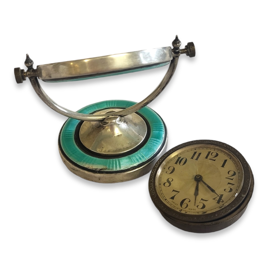 AN EDWARDIAN SILVER AND GUILLOCHE ENAMEL DRESSING CIRCULAR TABLE CLOCK With turquoise enamel and - Image 3 of 3