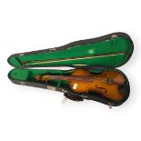 A VINTAGE CHINESE VIOLIN, BOW AND CASE Having an ebonised chin plate and bearing the label '