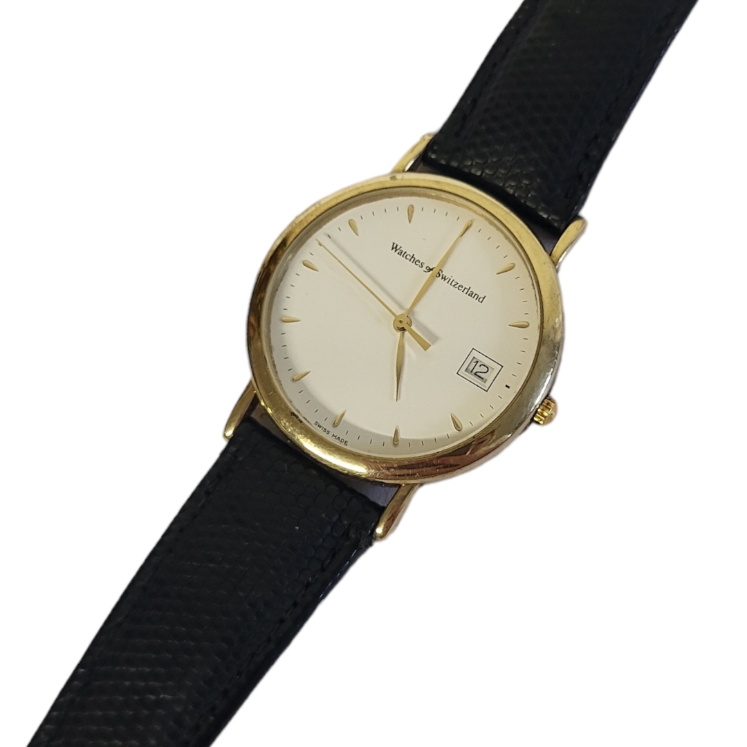 WATCHES OF SWITZERLAND, A VINTAGE YELLOW METAL GENT’S WRISTWATCH Having a circular white dial and - Image 2 of 3