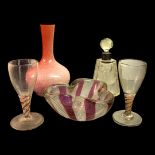 A PAIR OF 18TH CENTURY AIR TWIST GLASSES Having conical form bowls with red and white twists to