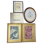 A COLLECTION OF VARIOUS WATERCOLOUR PAINTINGS Two portraits, landscape and two framed textiles.