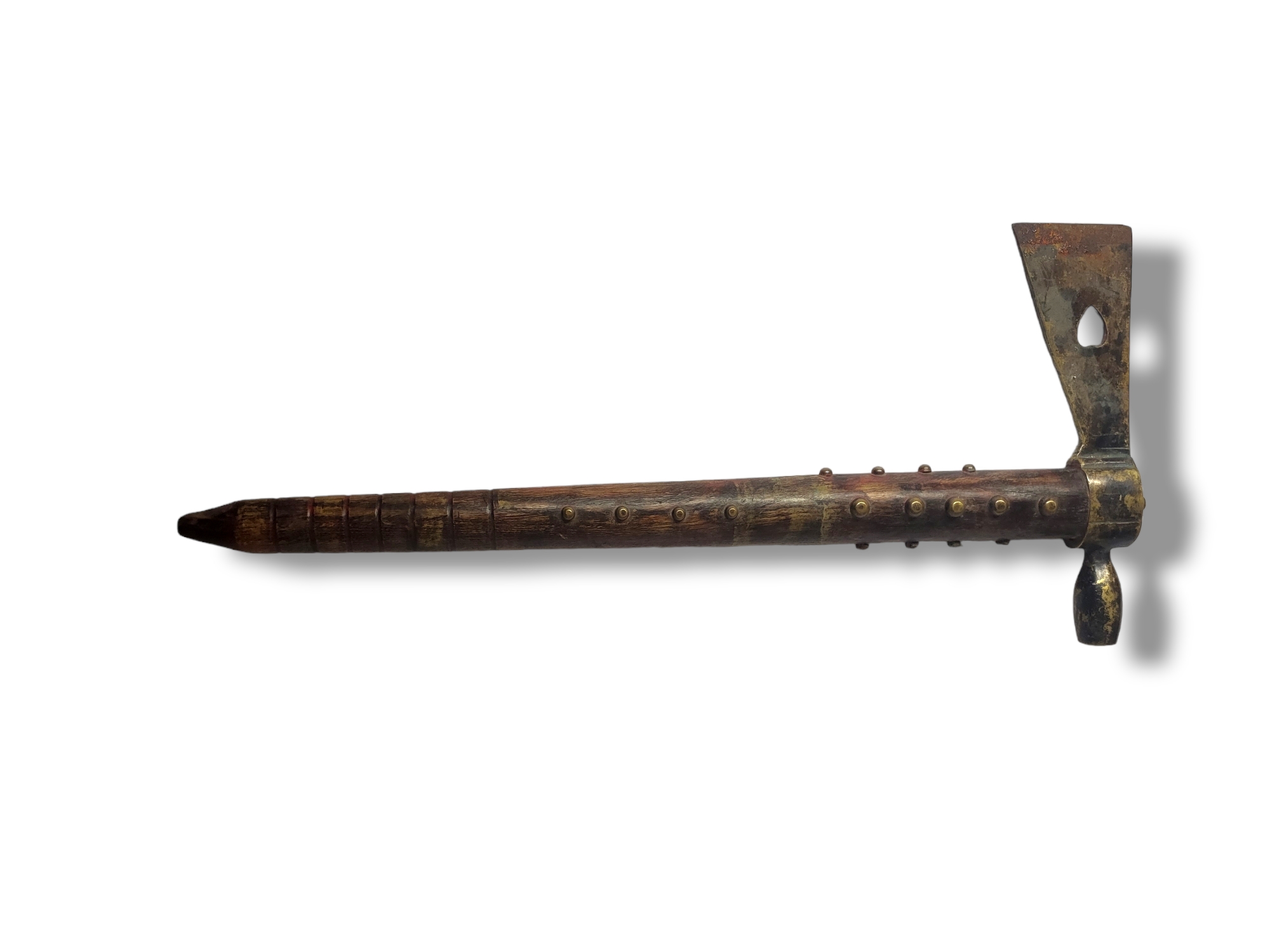 AN ANTIQUE NATIVE AMERICAN INDIAN BRASS AND WOOD TOMAHAWK PEACE PIPE The axe head having a pierced - Image 5 of 8